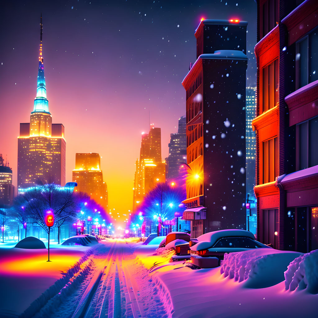 Snow-covered cityscape at night with glowing lights and falling snowflakes