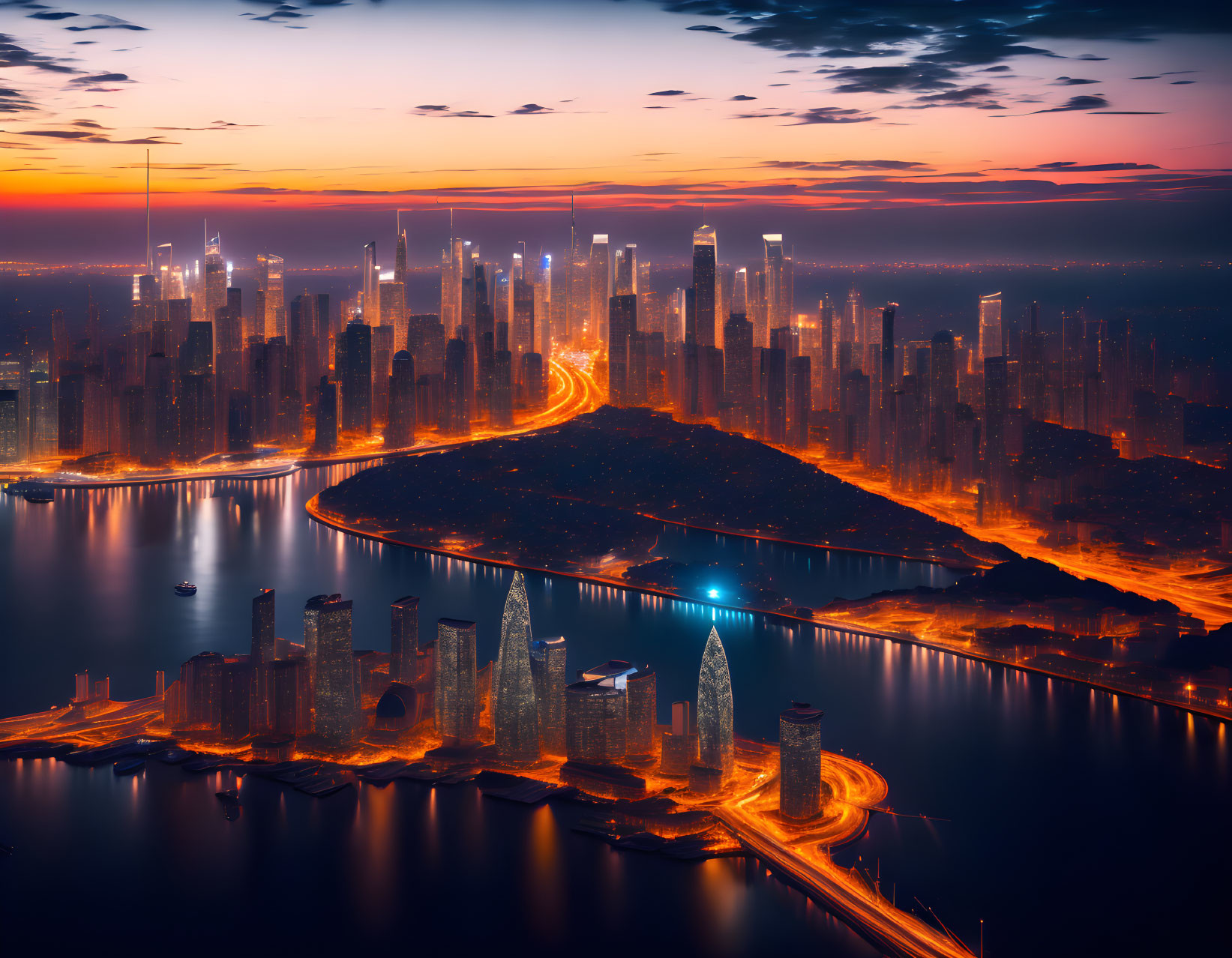 City skyline at dusk: illuminated skyscrapers, winding roads, river reflecting lights under vibrant sunset sky