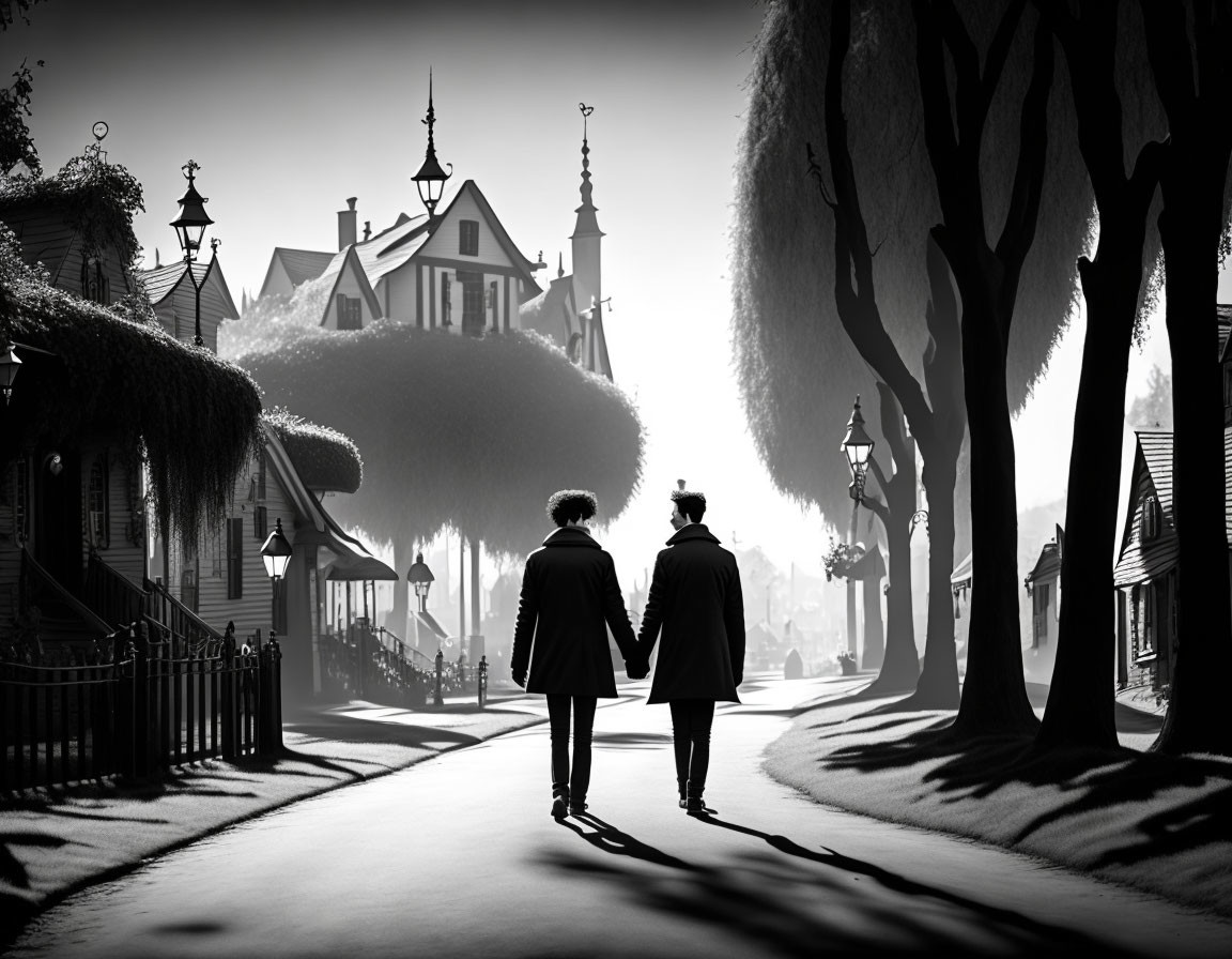 Silhouetted couple strolling on charming Victorian street