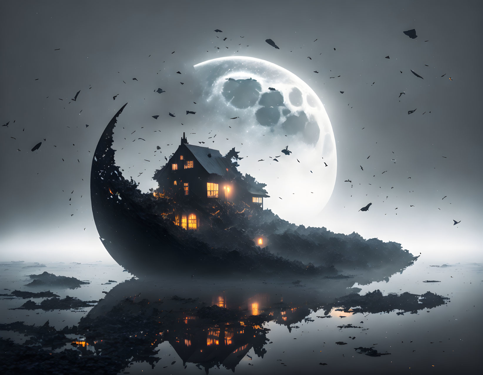 Lone house on crescent moon with glowing windows, full moon, and flying ravens