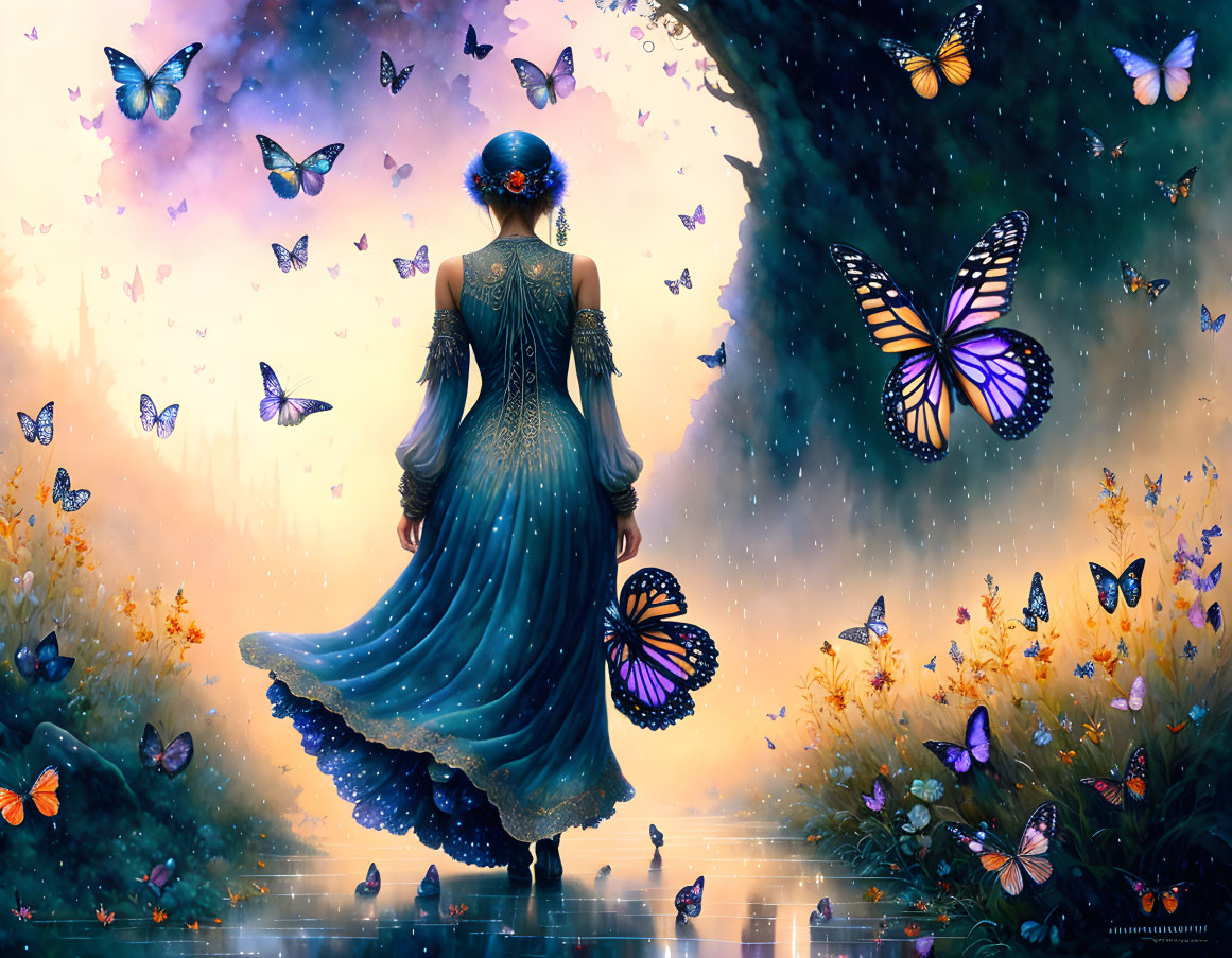 Woman in Blue Dress Watches Butterflies in Magical Sunset Landscape