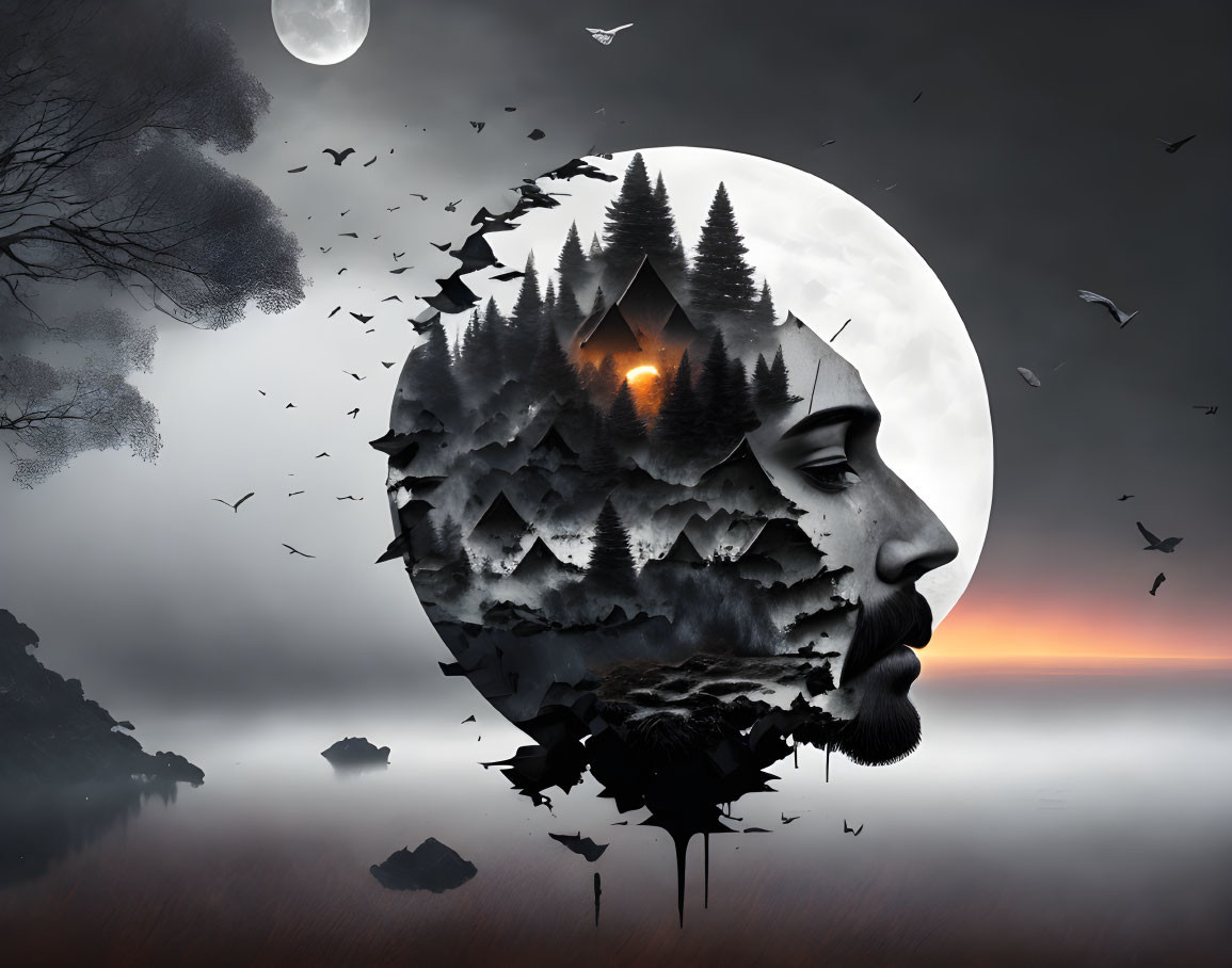 Surreal silhouette blending man with nature, trees, house, birds, full moon.