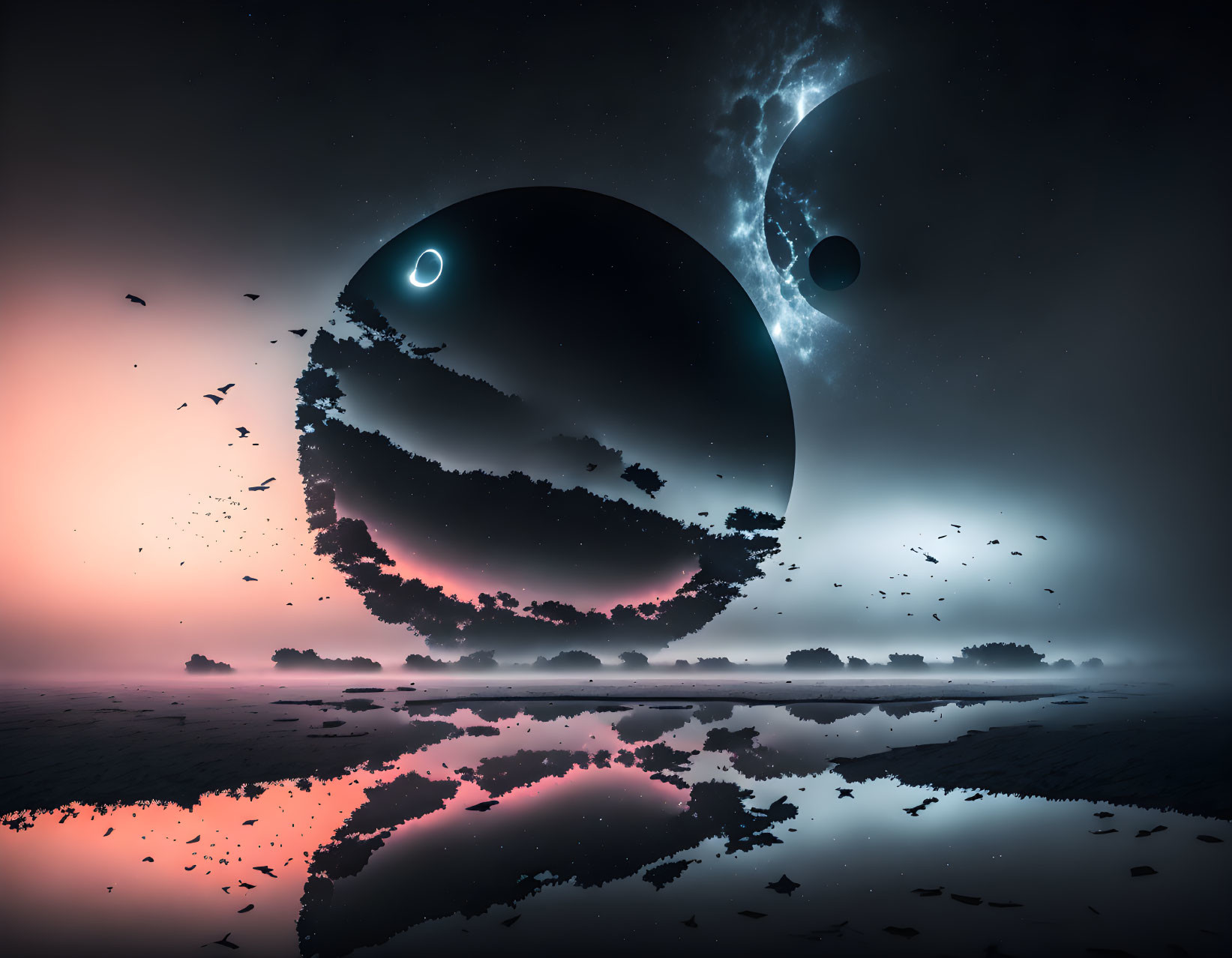 Large planet and moon in surreal landscape with twilight sky and birds in flight