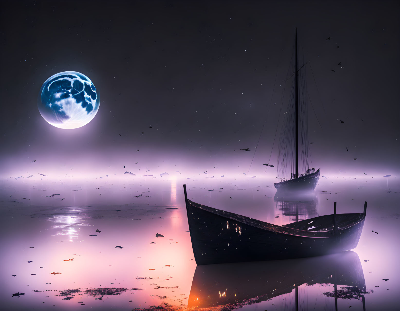 Glowing blue moon over misty water with boats.