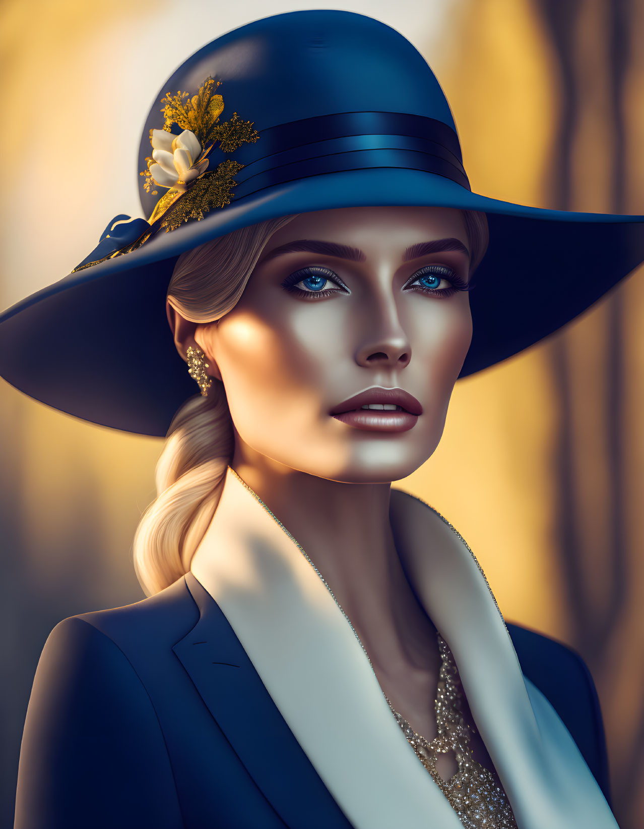 Stylized portrait of a woman with sharp blue eyes in blue attire