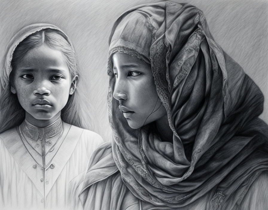 Monochrome drawing of two girls in cultural attire, one facing forward and the other in profile