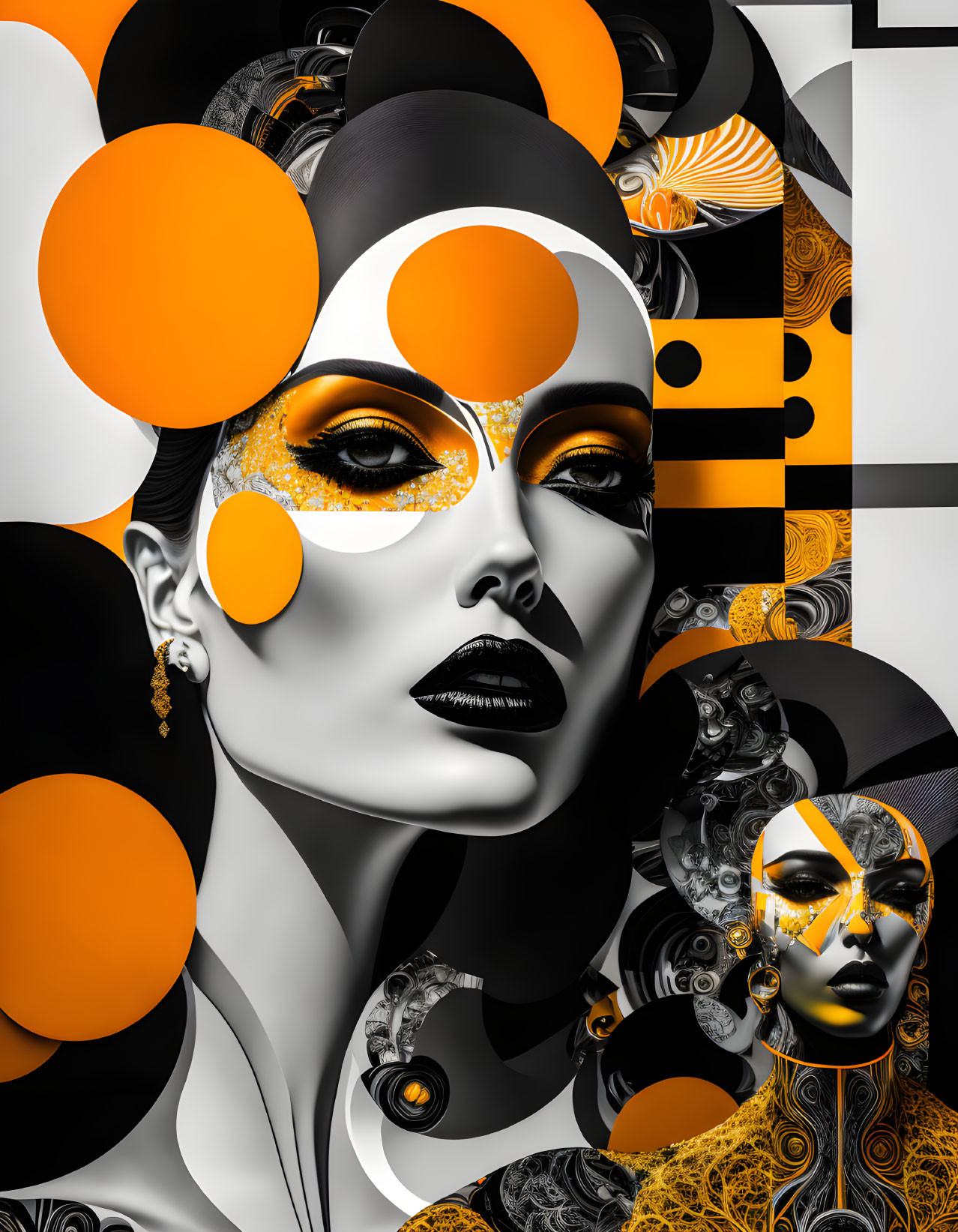 Monochromatic female faces with orange and black geometric patterns