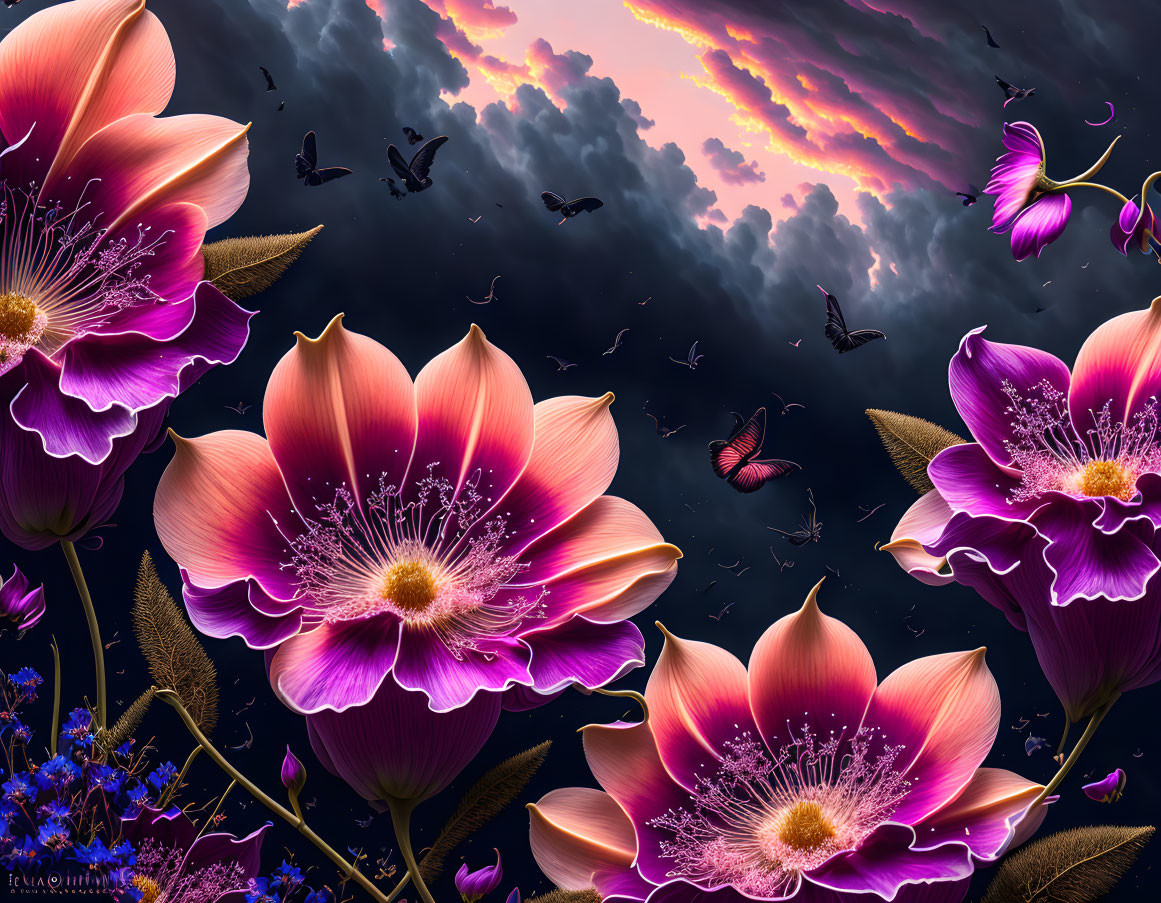 Colorful digital artwork: oversized pink and purple flowers, butterflies, dramatic sky.