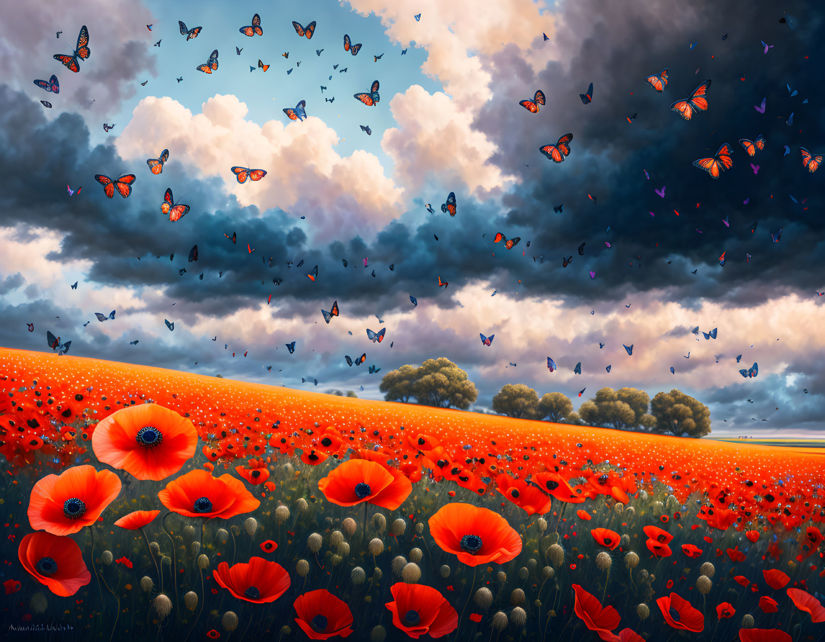 Vibrant red poppies field with fluttering butterflies under dramatic sky