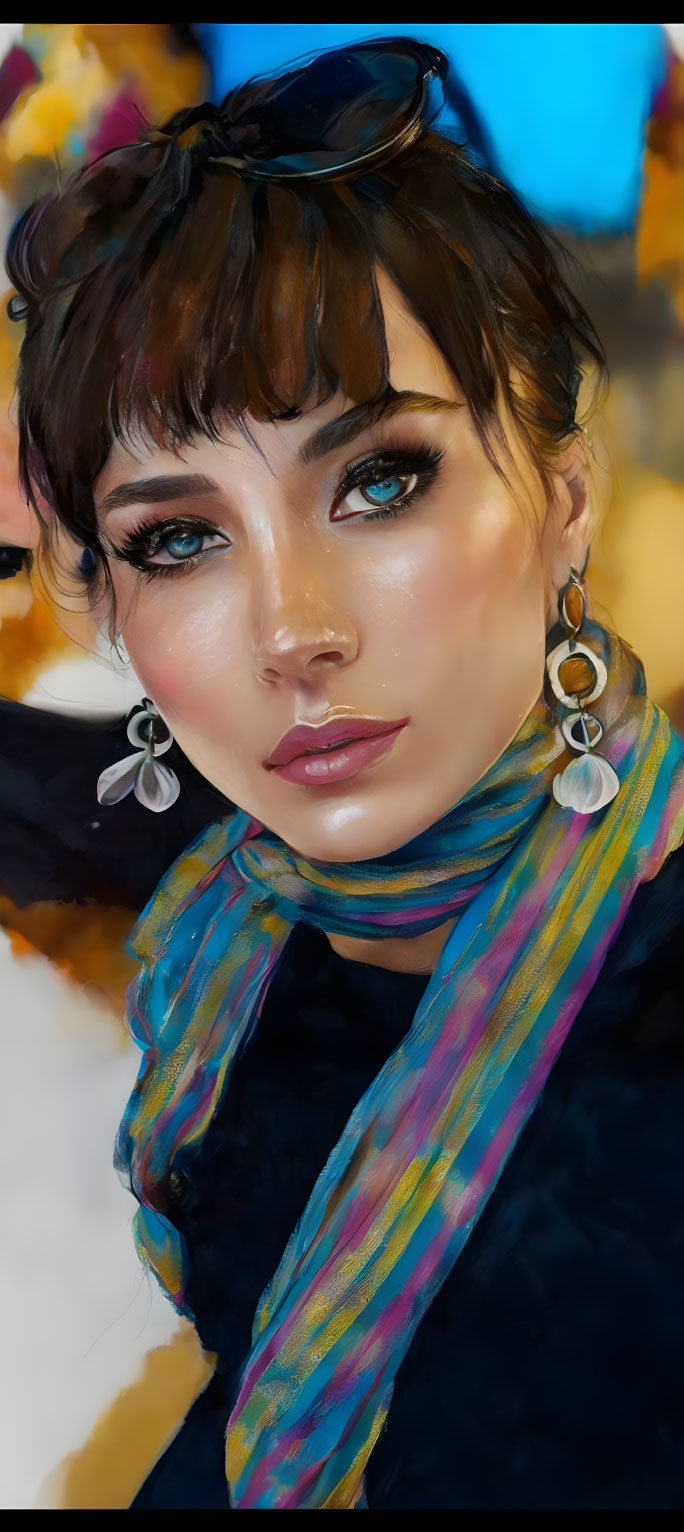 Digital painting: Woman with blue eyes, vibrant scarf, silver earrings