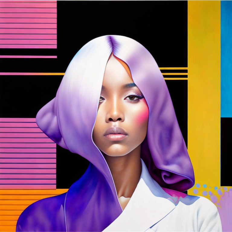 Digital Painting: Woman with Purple Wig & Stylish Makeup on Colorful Geometric Background
