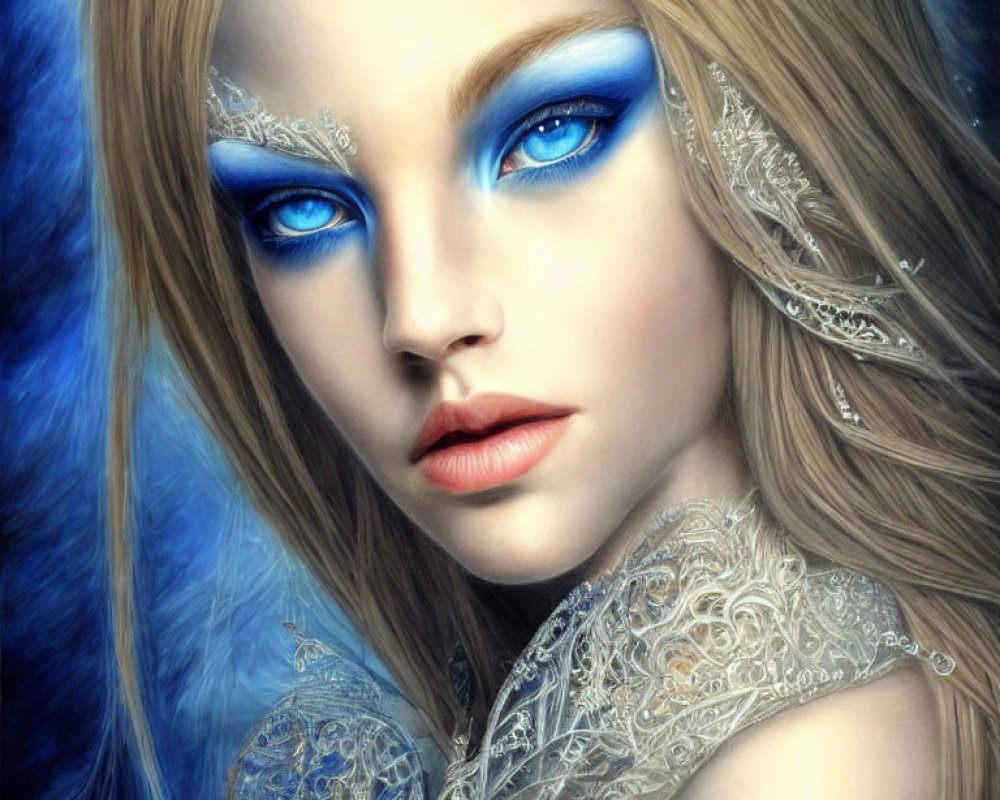 Fantasy female character with blue eyes and silver accessories on blue background