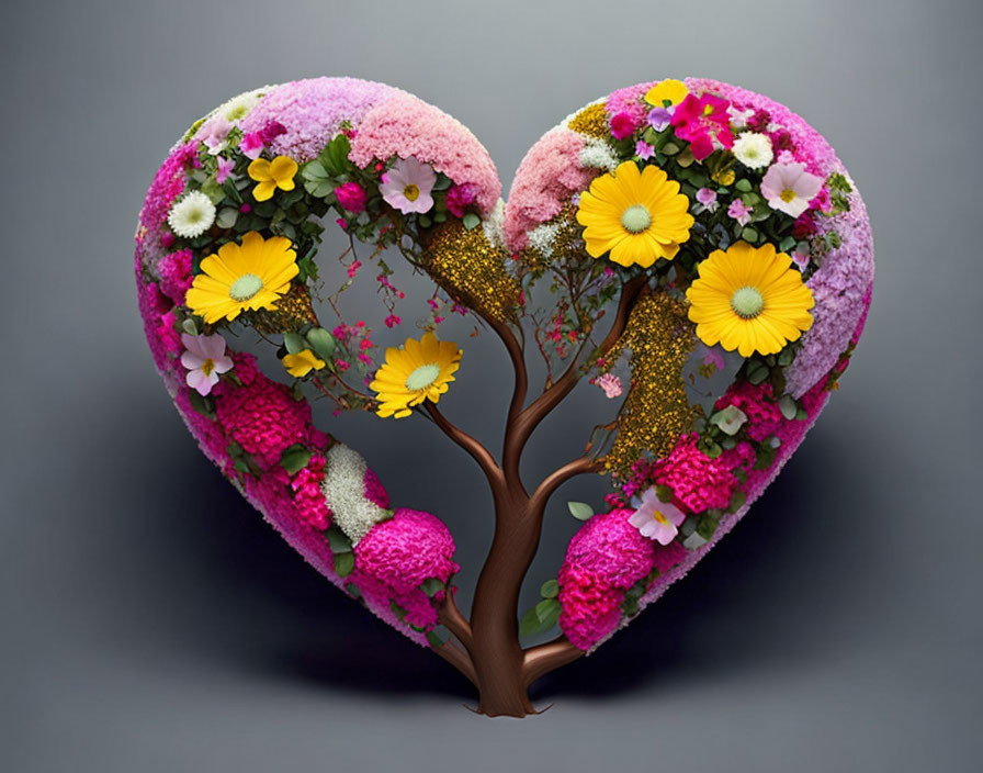 Vivid pink, yellow, and white flowers in heart shape with tree trunk on gray background