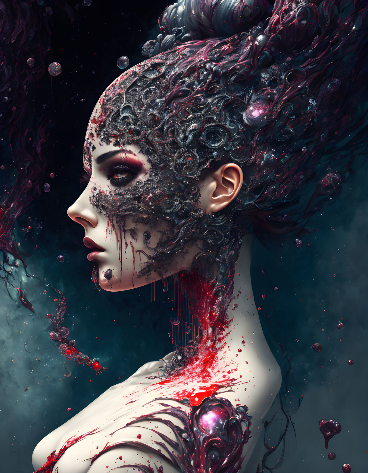 Surreal portrait of woman with ornate details and cosmic backdrop