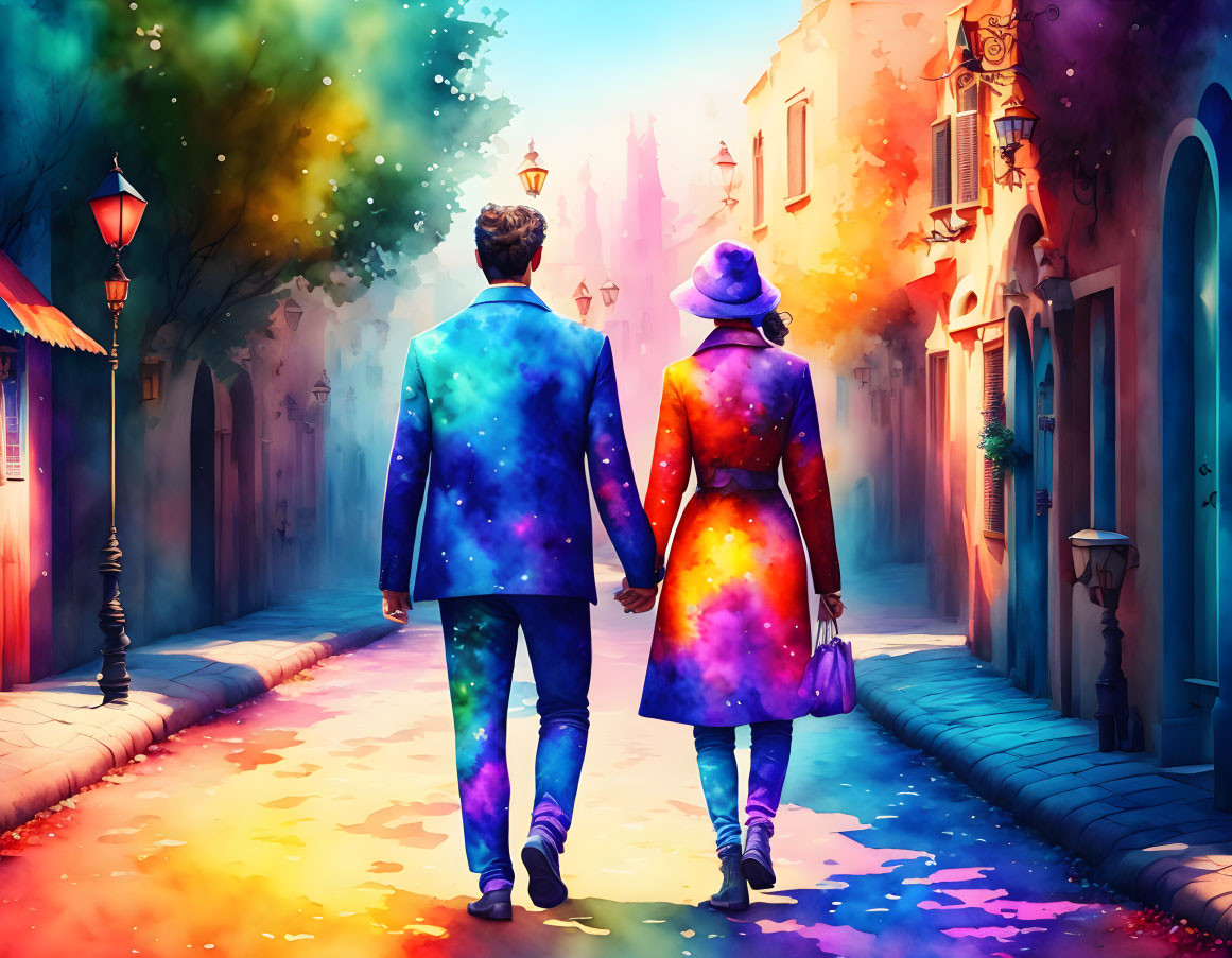 Couple in Galaxy-Painted Clothes Stroll Colorful European Alley