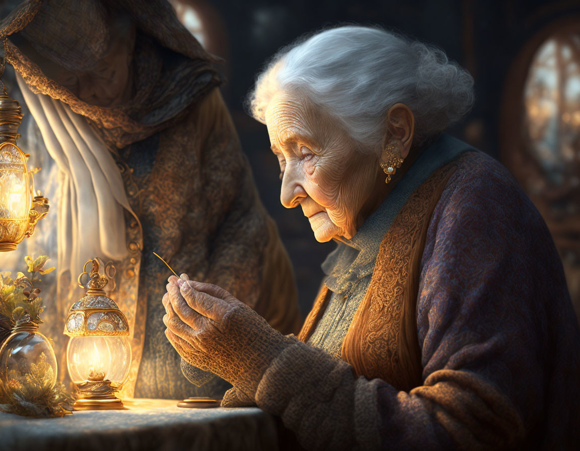 Elderly woman threading needle by lamplight in cozy setting