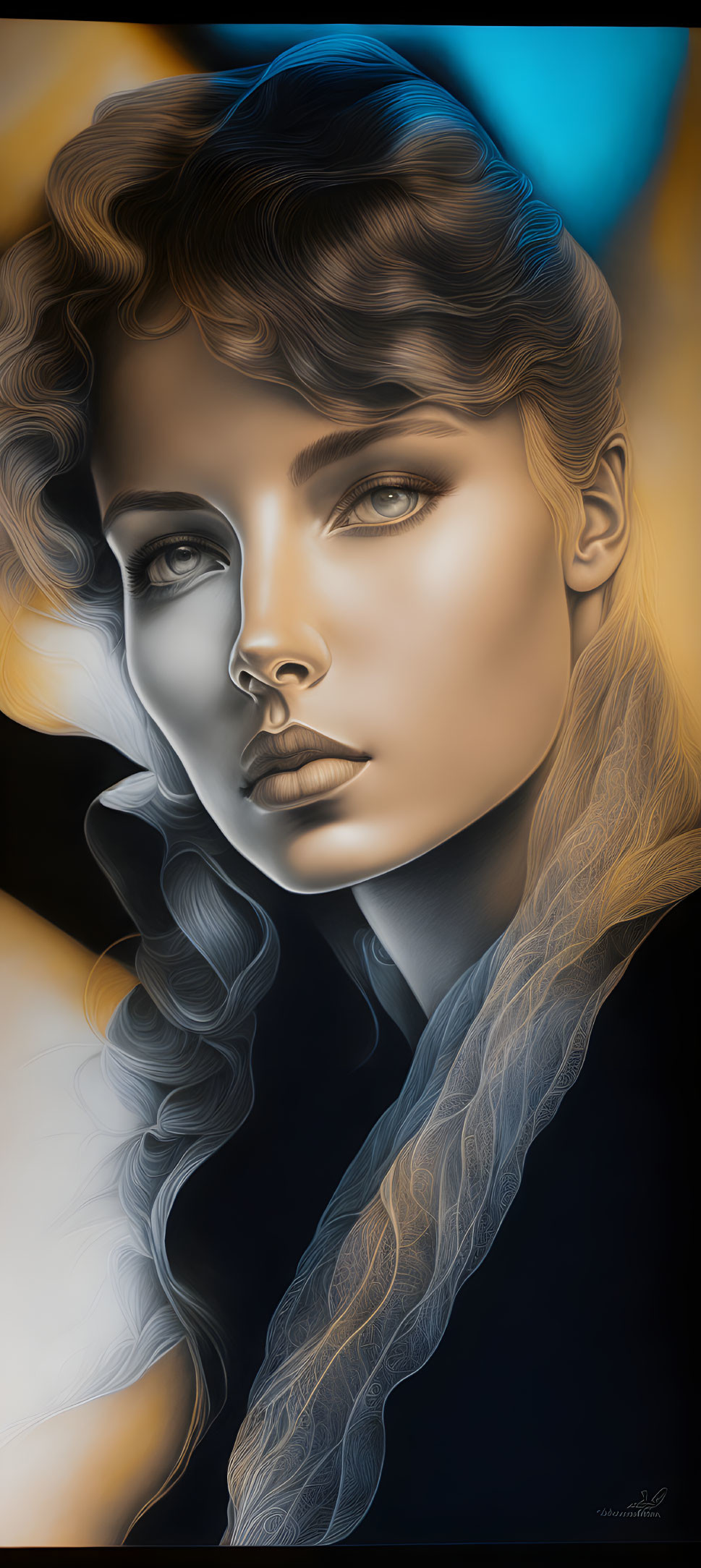 Digital painting of woman with flowing hair and warm/cool tones