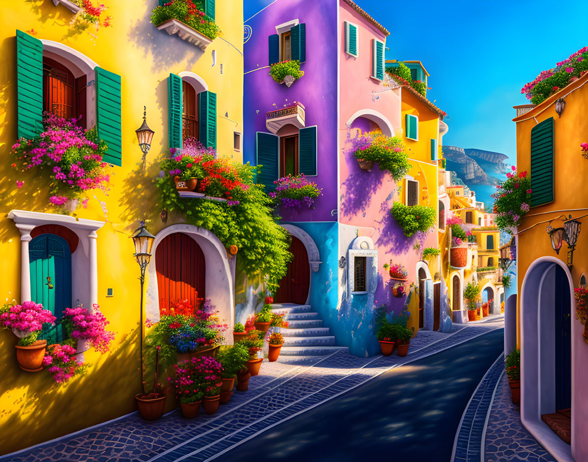 Colorful houses with pink flowers on vibrant street under blue sky