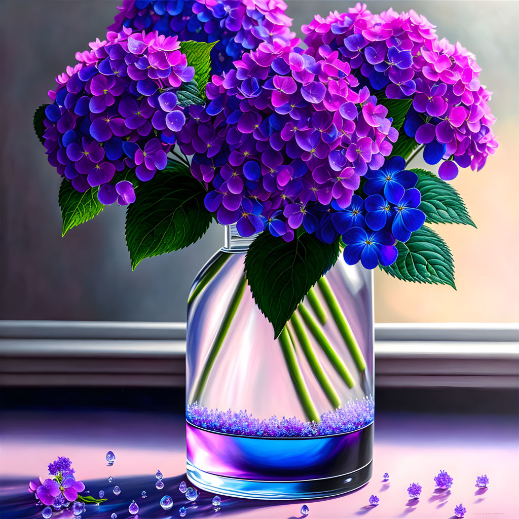 Purple Hydrangea Bouquet in Glass Vase with Water Droplets on Reflective Surface