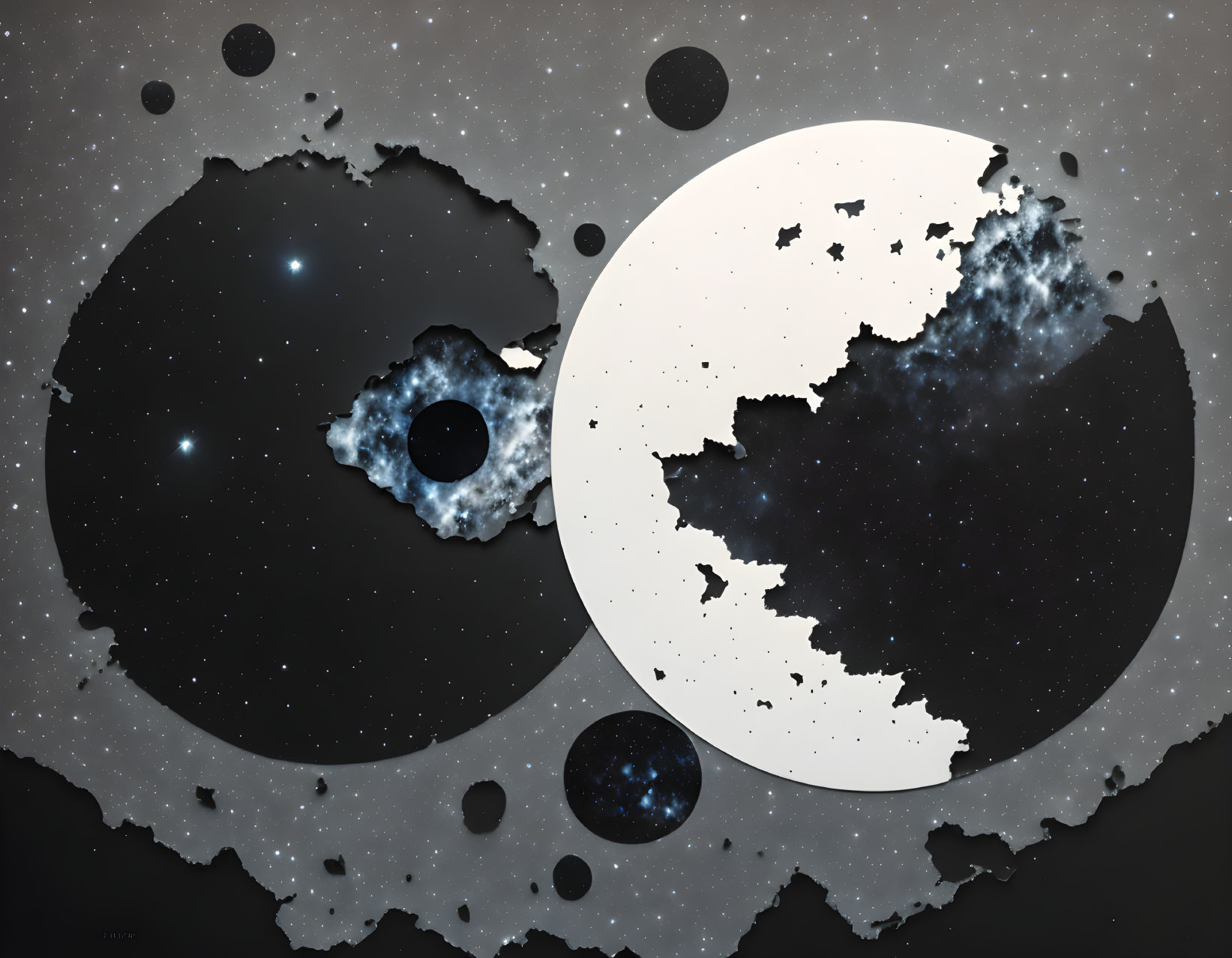 Yin-Yang Symbol in Cosmic Space with Stars and Nebulae