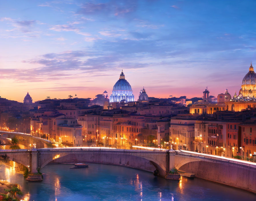 Historical city skyline with illuminated domes, river, and bridge at twilight