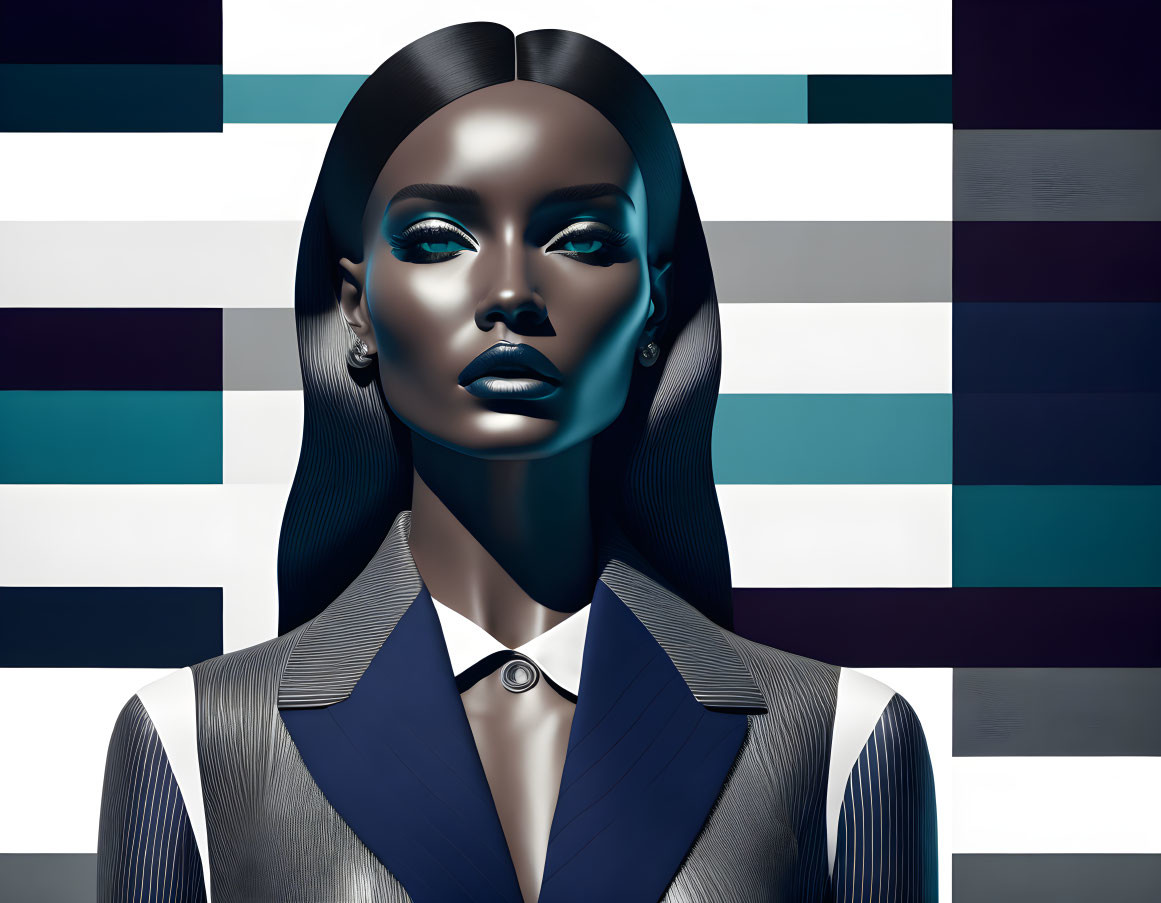 Digital illustration of a metallic-skinned woman in a suit against a geometric background