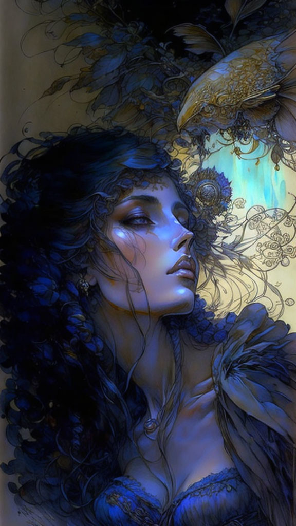 Fantasy artwork: Woman with dark hair, foliage, golden bird on blue & yellow gradient.