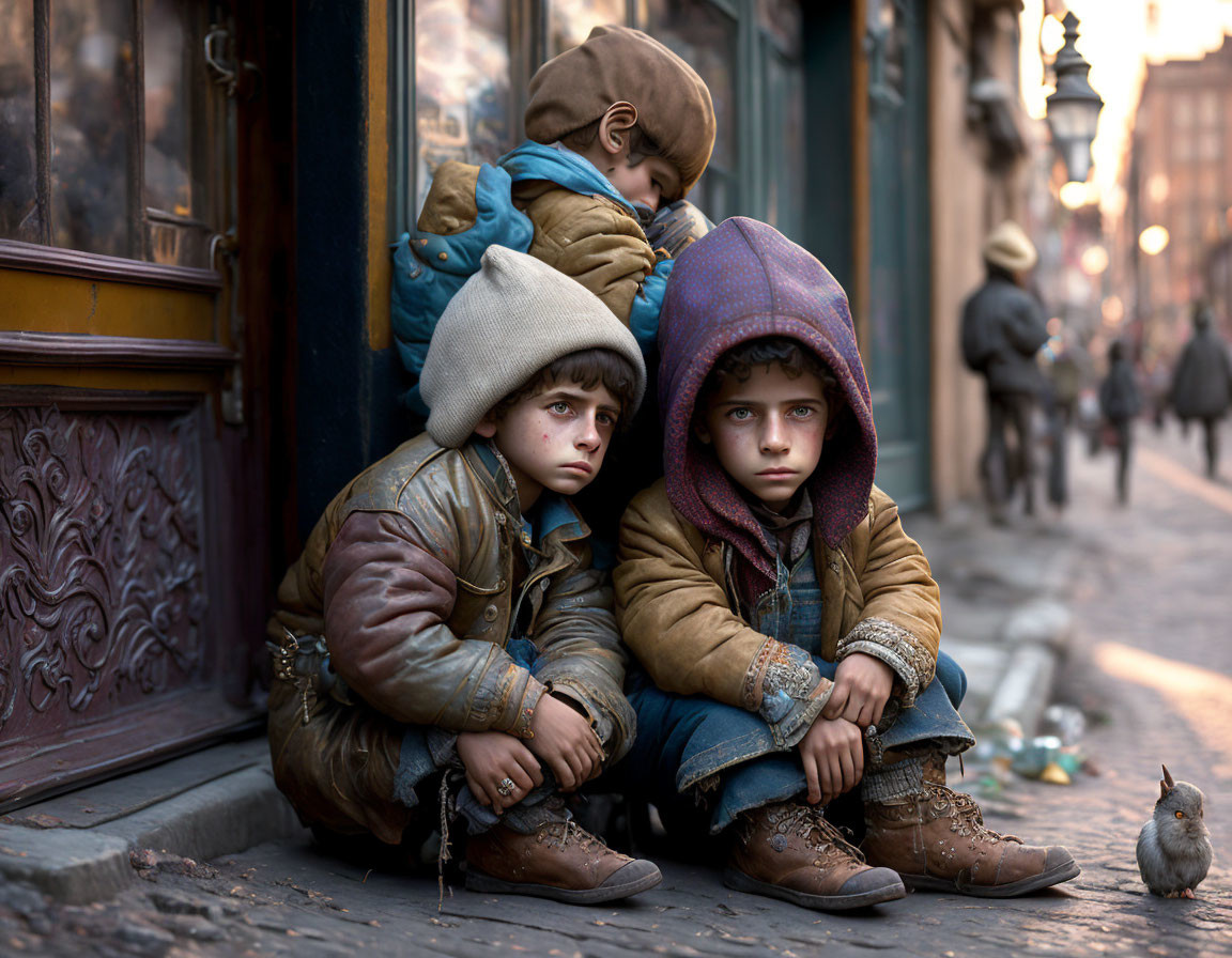 Two Children in Warm Jackets with Concerned Expression on Cobblestone Street