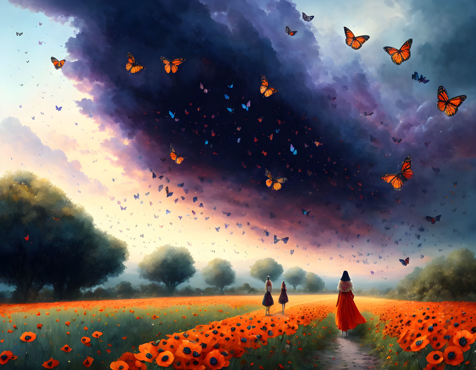 Colorful image: Two people in a poppy field with butterflies under dramatic sky