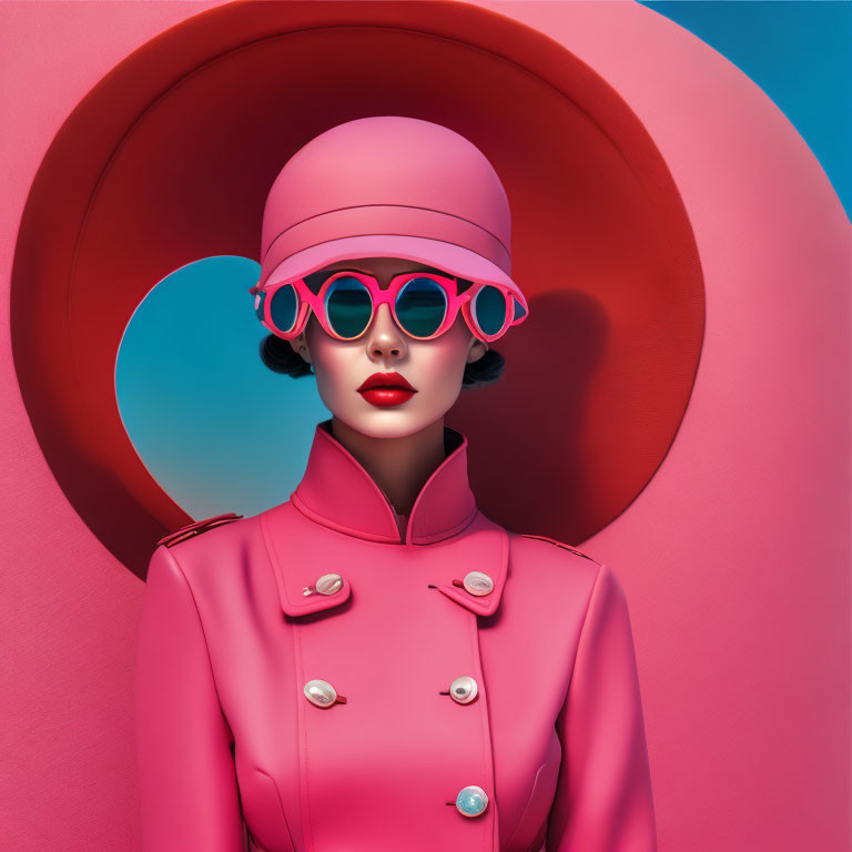 Fashionable woman in pink outfit with circular hat and sunglasses on pink and red backdrop