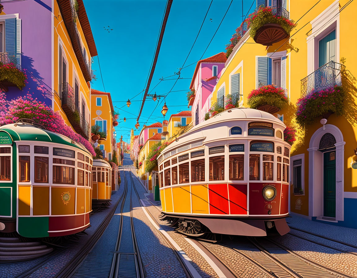 Vintage trams on quaint street with pastel buildings and blooming flowers