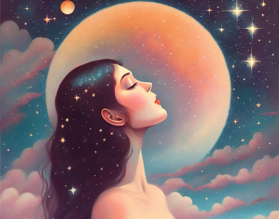 Illustrated woman with star-speckled hair in cosmic backdrop with moon and stars