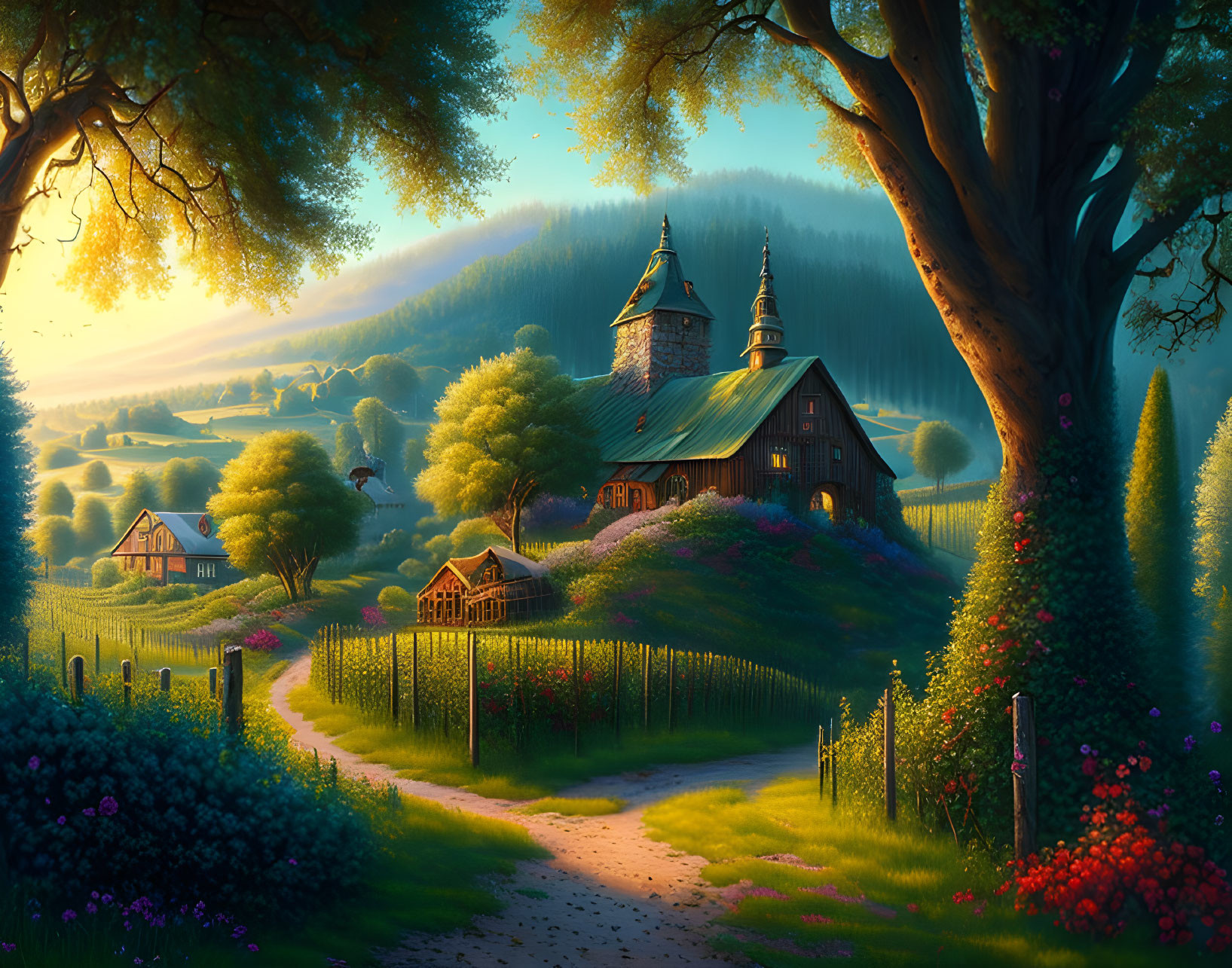 Village Scene with Church, Houses, and Greenery in Golden Sunlight