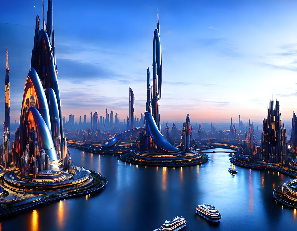 Futuristic cityscape with illuminated skyscrapers and advanced architecture at dusk