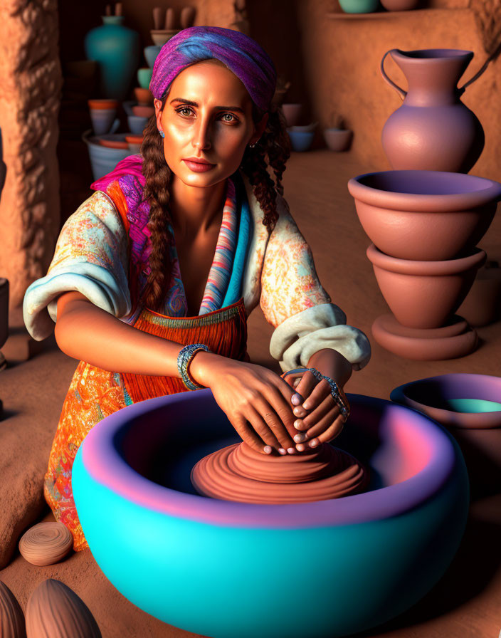 Woman shaping clay on a pottery wheel in rustic workshop