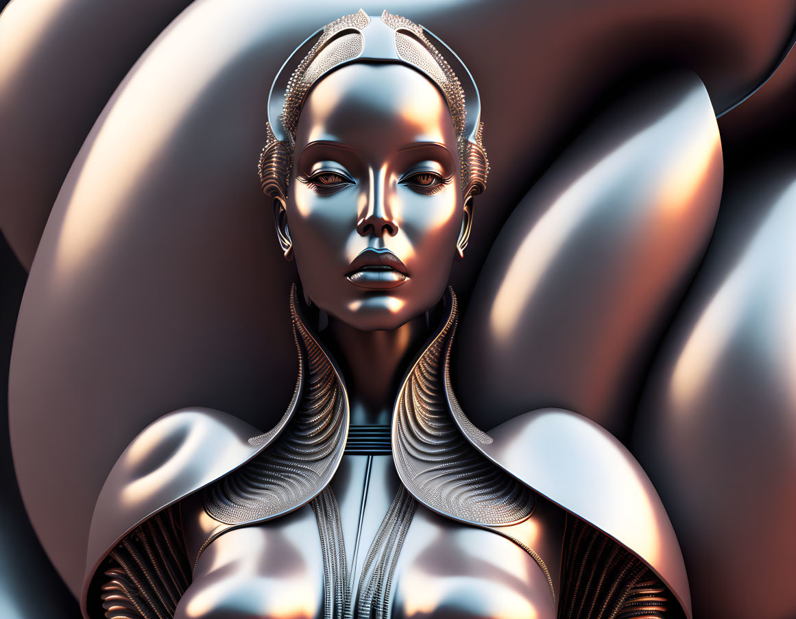 Futuristic metallic female figure with intricate headpiece and collar