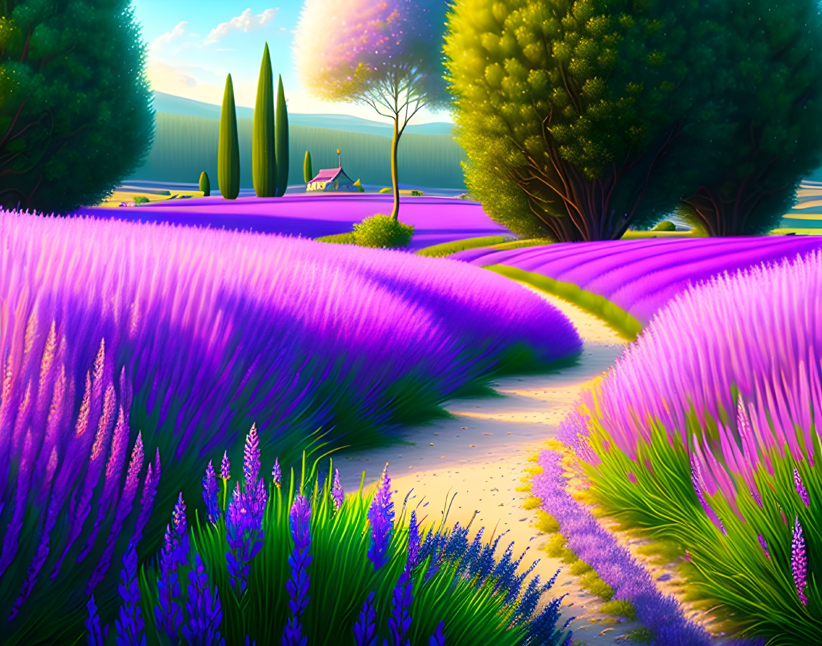 Picturesque lavender fields with winding path and distant house