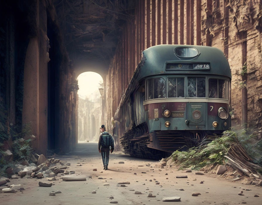 Man walking next to abandoned tram in dilapidated building