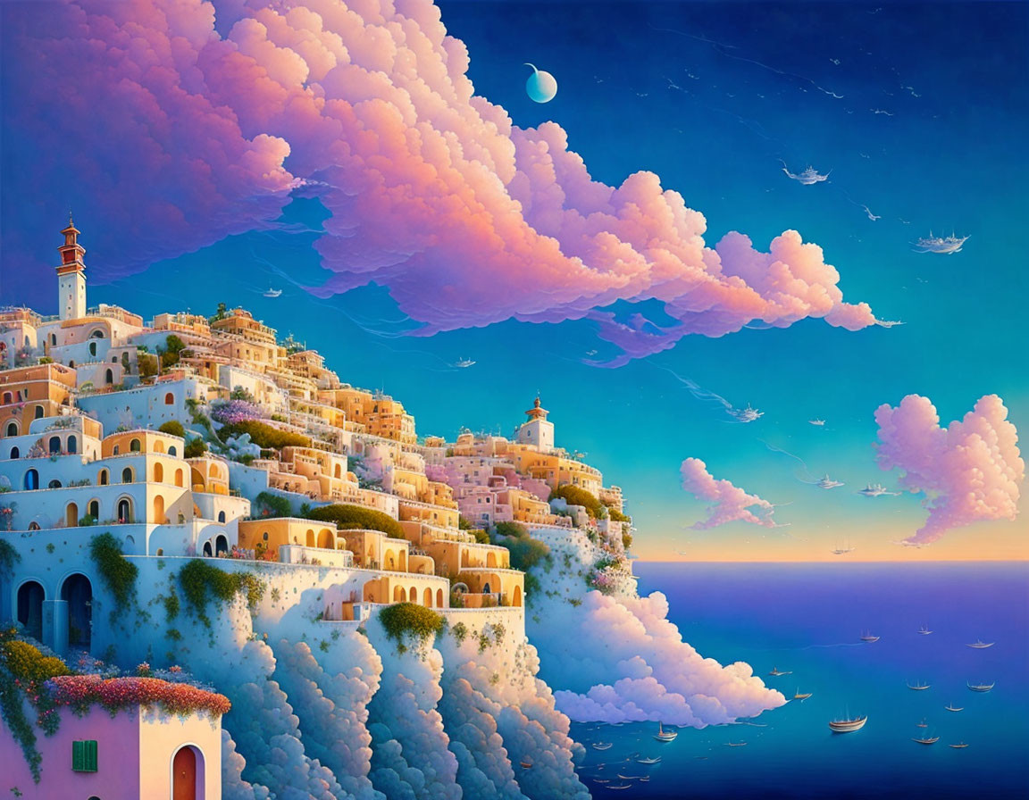 Vibrant digital artwork: Coastal village under crescent moon