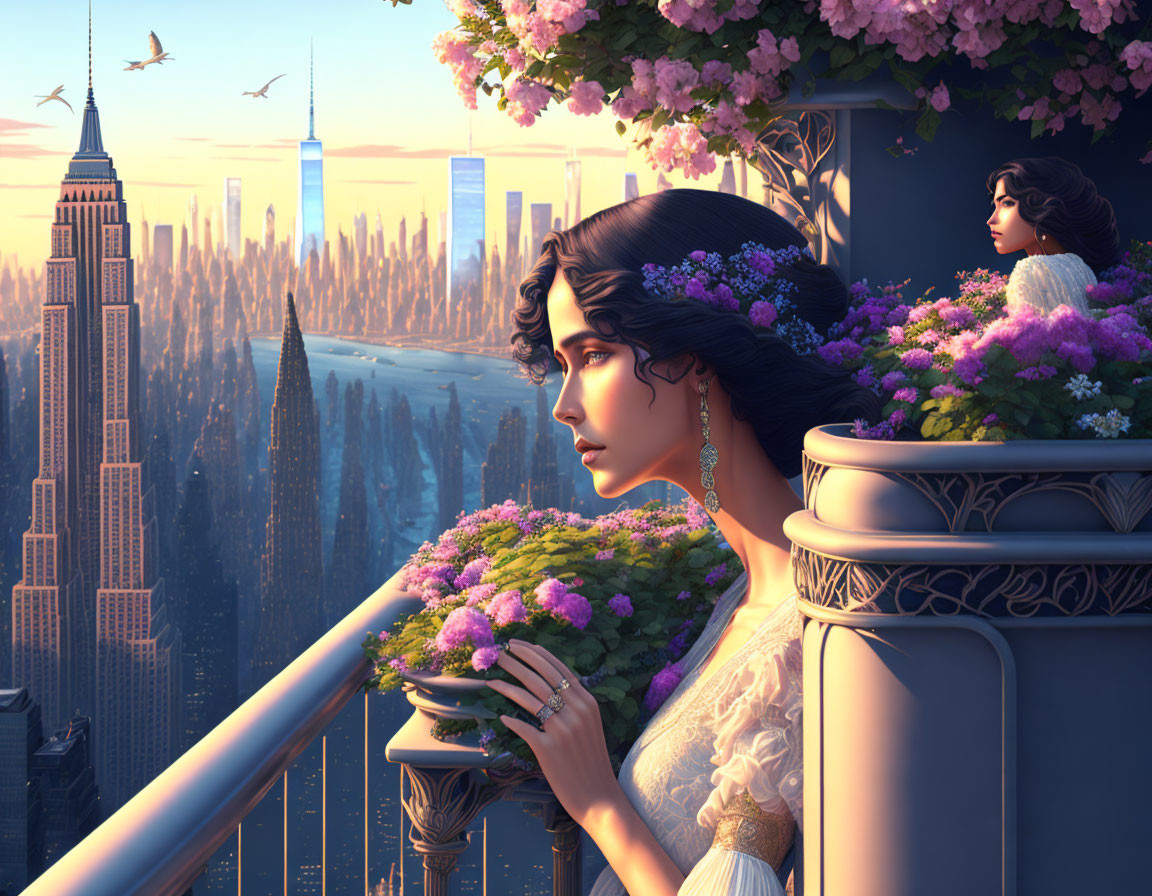 Woman on Balcony Overlooking Fantastical Cityscape with Flying Vehicles