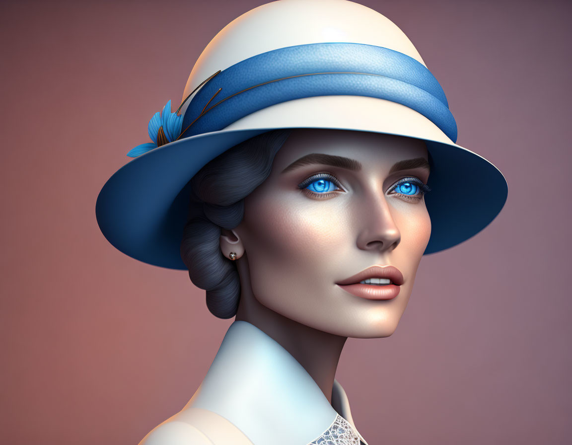 3D-rendered woman with blue eyes in white and blue hat against muted background