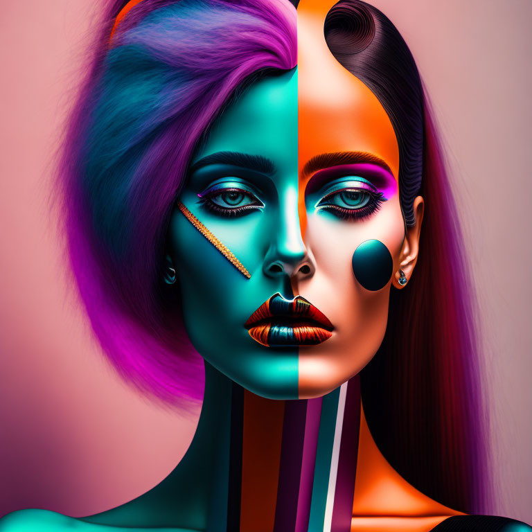 Split-face portrait: Natural makeup vs. vibrant neon makeup