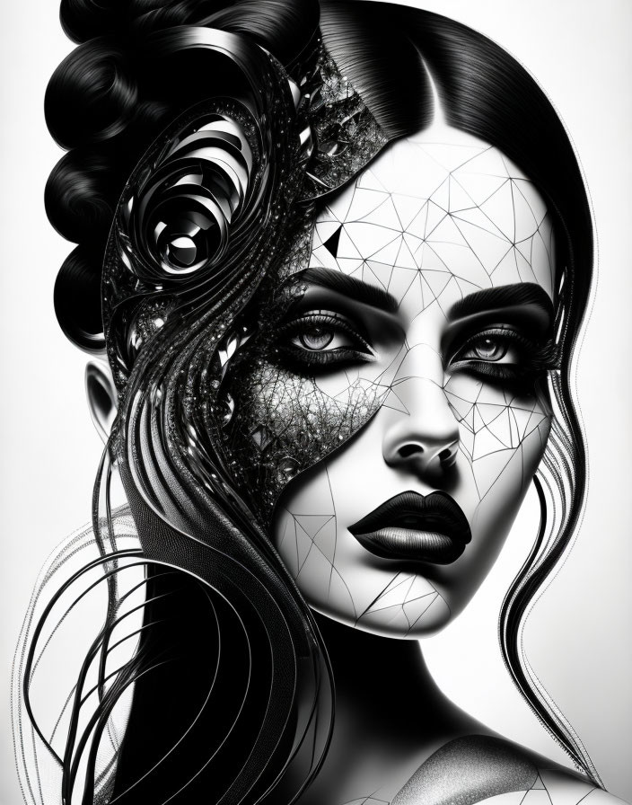 Monochromatic digital artwork: Woman with intricate geometric hair design