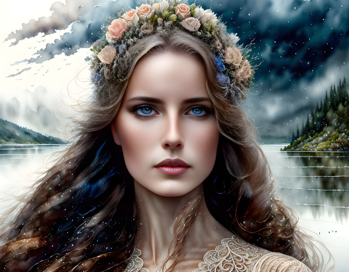 Blue-eyed woman with floral crown by serene lake and cloudy skies