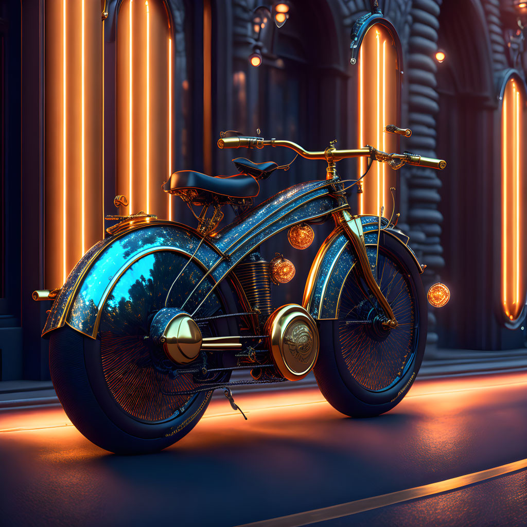 Vintage-Style Bicycle with Blue Cosmic Paint in Neon-Lit Urban Night Scene