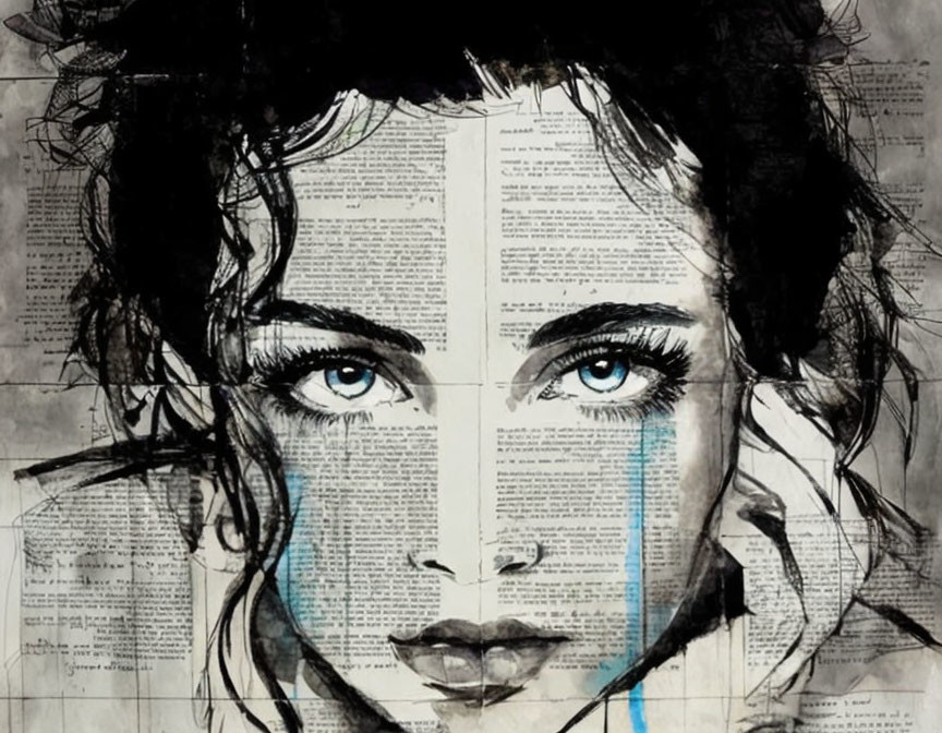 Portrait of a Woman with Blue Eyes Overlaying Book Pages and Watercolor Features