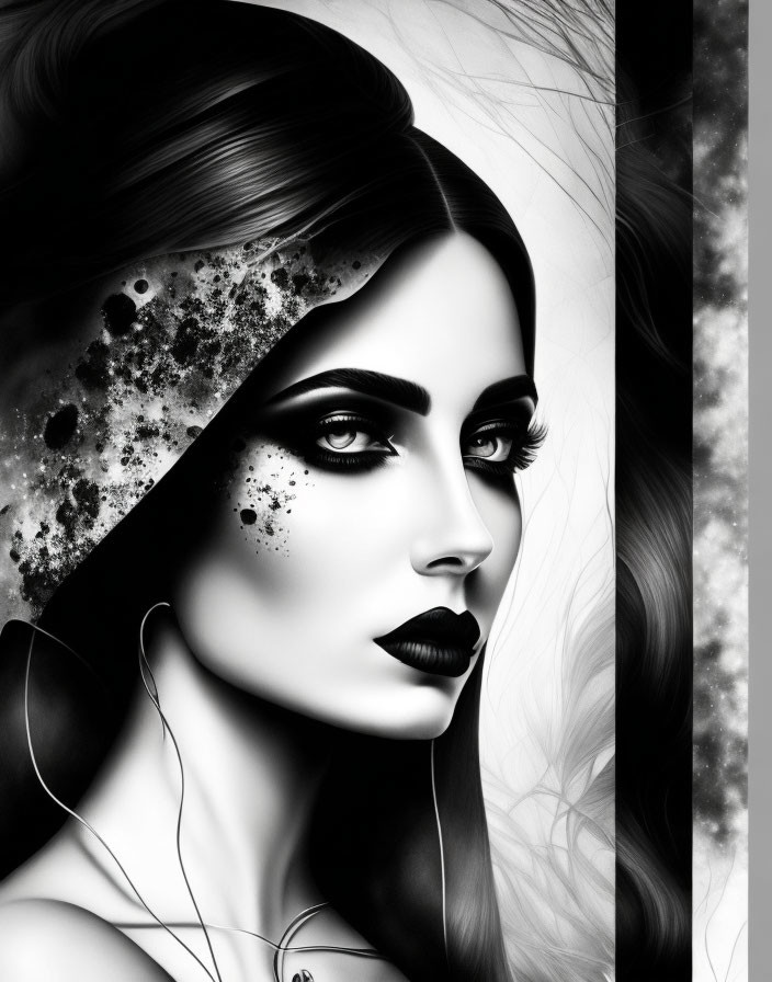 Monochrome artwork: Woman with dark lipstick, celestial elements, light, and shadow.