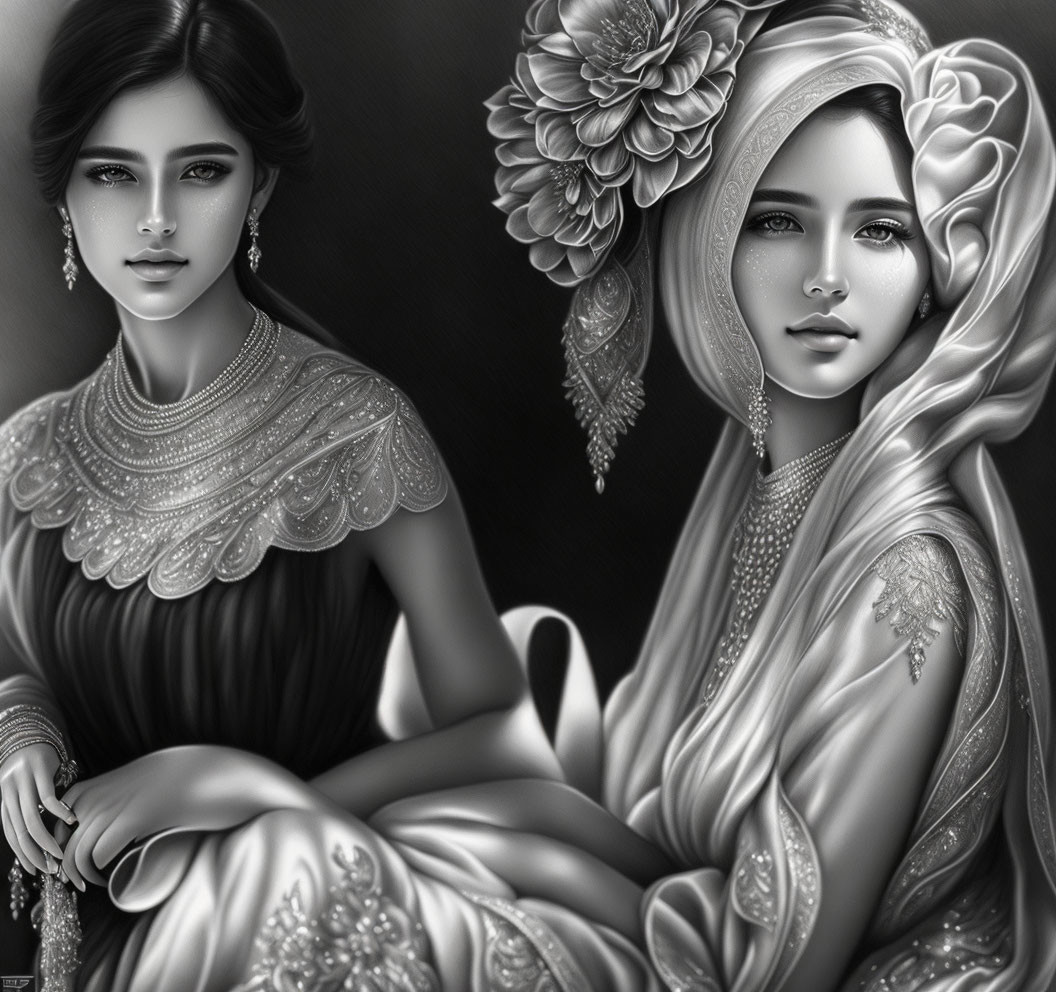 Detailed Monochrome Illustration of Two Women in Traditional Attire