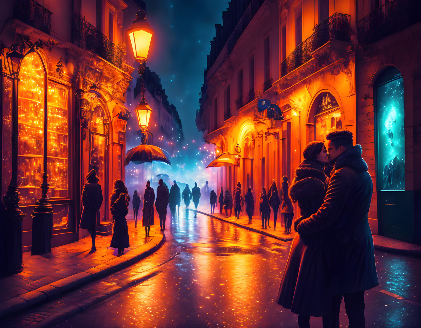 Romantic couple embracing in vibrant city street at night