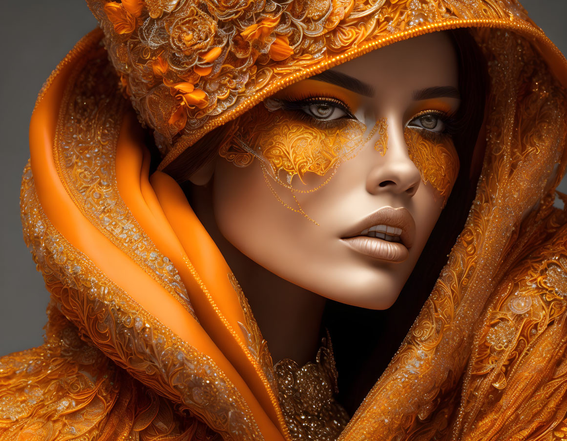 Intense gaze of woman with striking makeup and ornate orange headscarf